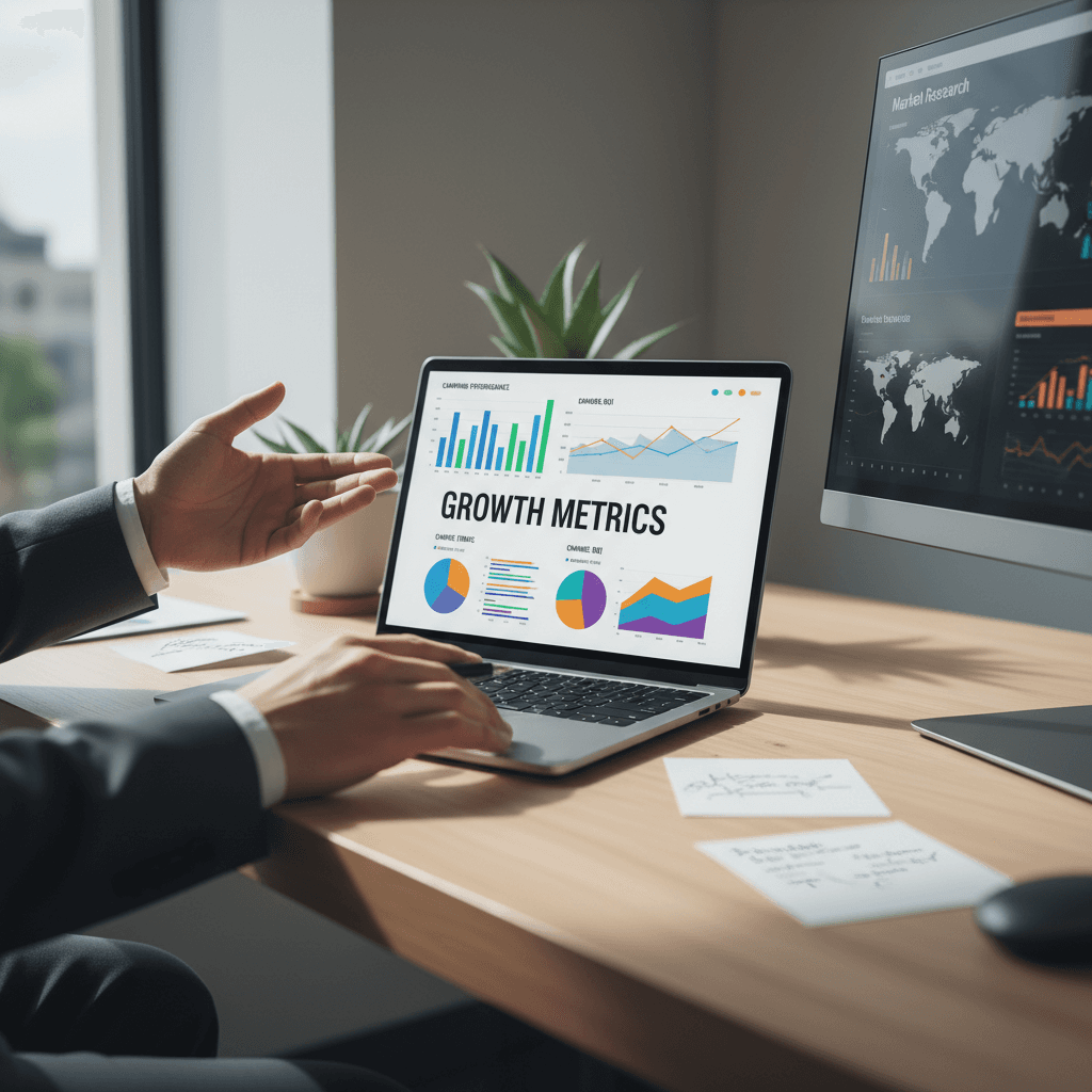 marketing strategist reviewing campaign data on laptop