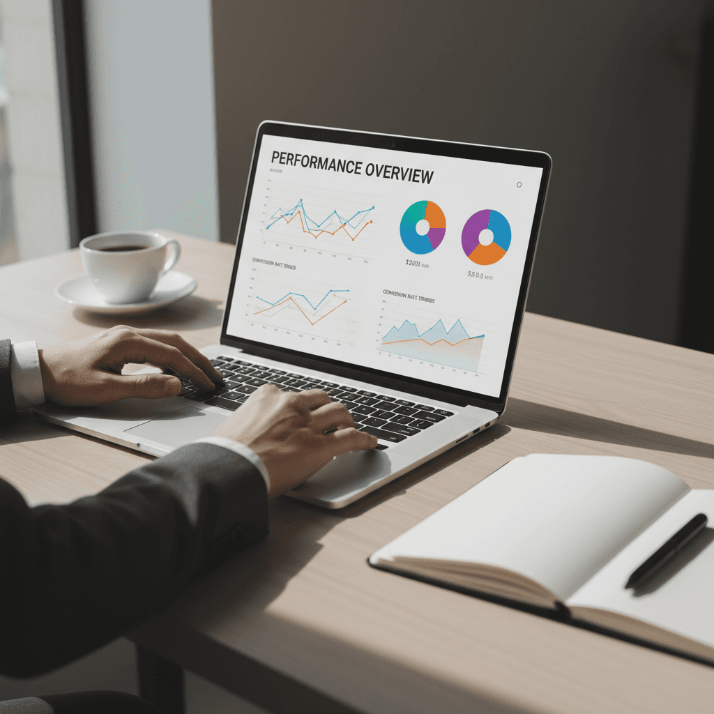 Marketing mentor analyzing growth charts on a laptop